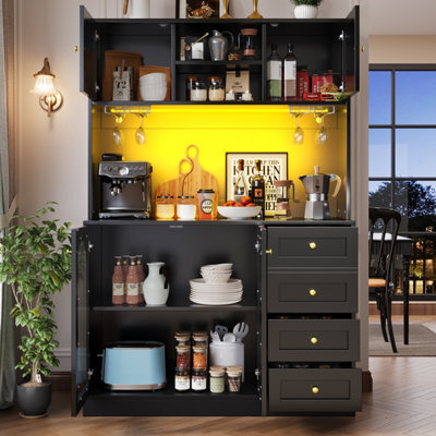 Matteo Farmhouse Style Sideboard Cabinet With Led Lights, Fluted Glass Doors & 4 Doors, Black - 120X40X188Cm - image 1