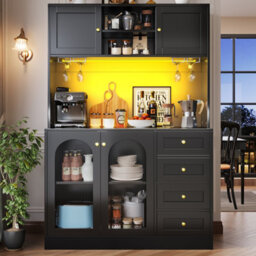Matteo Farmhouse Style Sideboard Cabinet With Led Lights, Fluted Glass Doors & 4 Doors, Black - 120X40X188Cm - thumbnail 2
