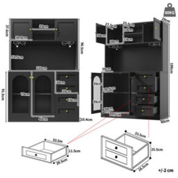 Matteo Farmhouse Style Sideboard Cabinet With Led Lights, Fluted Glass Doors & 4 Doors, Black - 120X40X188Cm - thumbnail 5