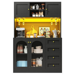 Matteo Farmhouse Style Sideboard Cabinet With Led Lights, Fluted Glass Doors & 4 Doors, Black - 120X40X188Cm - thumbnail 6