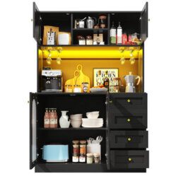 Matteo Farmhouse Style Sideboard Cabinet With Led Lights, Fluted Glass Doors & 4 Doors, Black - 120X40X188Cm - thumbnail 8