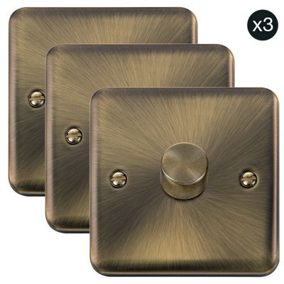 3 Pack - Curved Antique Brass 1 Gang 2 Way Led 100W Trailing Edge Dimmer Light Switch - Se Home