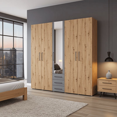 Amos Mann Furniture Belgrade Oak Effect And Grey 5 Door 3 Drawer Wardrobe - image 1