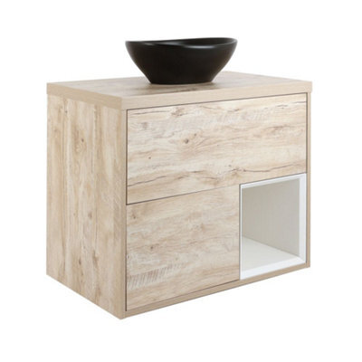 Homestylestore Light Oak 800mm Wall Hung Bathroom Vanity Unit Oval Countertop Graphite Basin Open Shelf - image 1