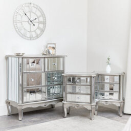 Melody Maison Silver Mirrored Chest Of Drawers & Pair Of 3 Drawer Bedside Tables - Tiffany Range