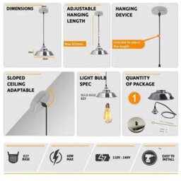 Ledsone Single Head Pendant Light 22Cm Chrome E27 Adjustable Modern Retro Ceiling Light For Home Office Cafe And Restaurant - thumbnail 3
