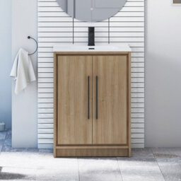 Royal Bathrooms Livora 600mm Natural Oak Floor Standing Bathroom Vanity Unit 2 Door With Ceramic Basin & Matt Black Handle - thumbnail 1