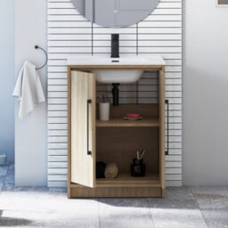 Royal Bathrooms Livora 600mm Natural Oak Floor Standing Bathroom Vanity Unit 2 Door With Ceramic Basin & Matt Black Handle - thumbnail 4