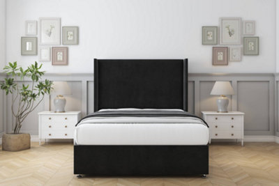 "Comfort Madrid Black Plush Divan Bed Set 2 Drawers Foot-End - 54"" Wingback 4' Small Double" - image 1