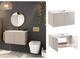 Impact Furniture Vanity Unit With Basin 800mm Bathroom Sink Cabinet Modern Wall Hung Fluted Beige Cashmere Cara - thumbnail 1