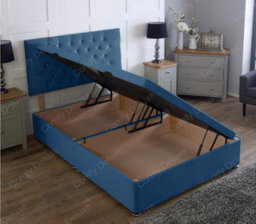 Comfy Deluxe 3Ft Side Lift Blue Plush Velvet Ottoman Divan Base With Chesterfield Headboard