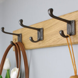 Handcrafted Solid Oak Coat Rack With Cast Iron Hooks 450mm - 3 Hooks