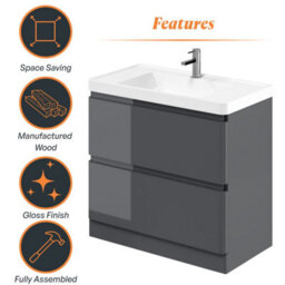Plum&clay Marvel Gloss Dark Grey Floor Standing Bathroom Vanity Unit With Resin Basin (W)900mm - thumbnail 6