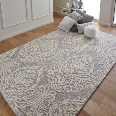 Handmade Modern Easy To Clean Floral Grey Ivory Wool Rug For Living Room & Bedroom-160Cm X 230Cm - image 1