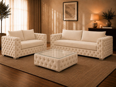 Ashton Chesterfield Sofa Cream 3 Plus 2 Full Set