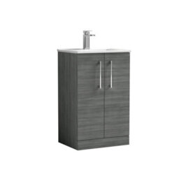 Balterley  Contemporary Bathroom 2 Soft Close Door & Minimalist Floor Standing Vanity Unit Basin, Anthracite Woodgrain, 500mm - thumbnail 1