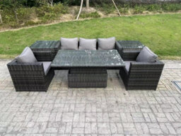Fimous Rattan Garden Furniture Sofa Set Outdoor Adjustable Rising Lifting Dining Table Set With 2 Armchairs - thumbnail 2