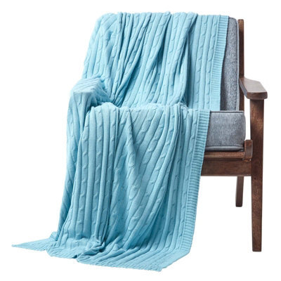 Homescapes Cotton Cable Knit Pastel Blue Throw, 150 X 200 Cm - image 1