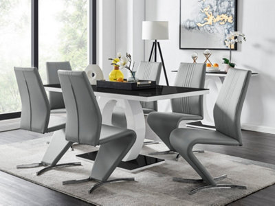 Furniturebox Giovani Rectangular 6 Seat White High Gloss Halo Structural Dining Table Black Glass Top And 6 Grey Faux Leather Willow Chairs - image 1