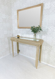 Downton Interiors Light Gold Embossed Metal Mirrored Glass Console Table - Agadir Range - thumbnail 3