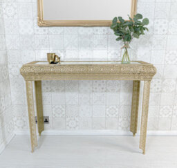 Downton Interiors Light Gold Embossed Metal Mirrored Glass Console Table - Agadir Range - thumbnail 1