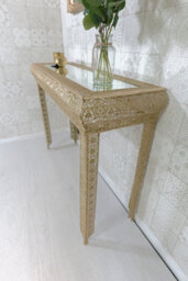 Downton Interiors Light Gold Embossed Metal Mirrored Glass Console Table - Agadir Range - thumbnail 4
