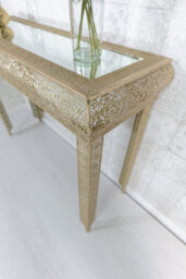 Downton Interiors Light Gold Embossed Metal Mirrored Glass Console Table - Agadir Range - thumbnail 6