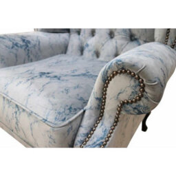 Chesterfield High Back Wing Chair Marble Effect Velvet Fabric In Queen Anne Style - thumbnail 3