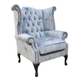 Chesterfield High Back Wing Chair Marble Effect Velvet Fabric In Queen Anne Style - thumbnail 1