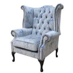 Chesterfield High Back Wing Chair Marble Effect Velvet Fabric In Queen Anne Style - thumbnail 2