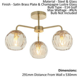 Semi Flush Ceiling Light - Satin Brass & Champagne Lustre Glass - 3 X 25W E14 - thumbnail 2