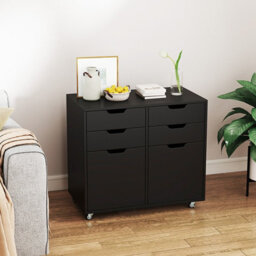 Gainoom 4 Drawer Dresser Chest Black Mobile Storage Cabinet With Doors & Universal Wheels - thumbnail 4