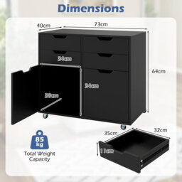 Gainoom 4 Drawer Dresser Chest Black Mobile Storage Cabinet With Doors & Universal Wheels - thumbnail 2
