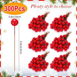 Amorly 300 Pack Artificial Holly Berries, 10mm Mini Fake Berries With Stem, Berry Picks For Christmas Tree, Winter Holiday & Home Decor - thumbnail 5