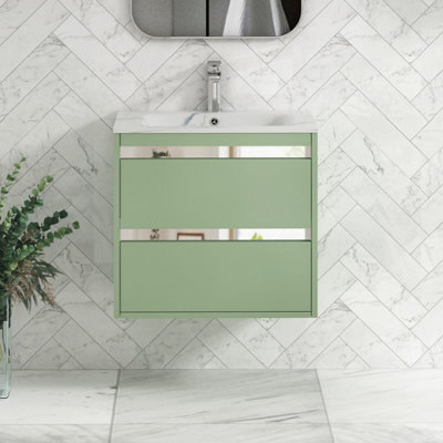 Royal Bathrooms Orion 600mm Mint Sage 2 Drawer Wall Hung Bathroom Vanity Unit With Carrara White Basin & Chrome Accent Trim - image 1