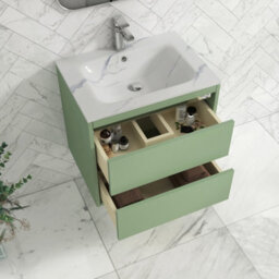 Royal Bathrooms Orion 600mm Mint Sage 2 Drawer Wall Hung Bathroom Vanity Unit With Carrara White Basin & Chrome Accent Trim - thumbnail 4
