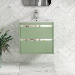 Royal Bathrooms Orion 600mm Mint Sage 2 Drawer Wall Hung Bathroom Vanity Unit With Carrara White Basin & Chrome Accent Trim