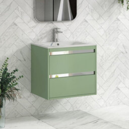 Royal Bathrooms Orion 600mm Mint Sage 2 Drawer Wall Hung Bathroom Vanity Unit With Carrara White Basin & Chrome Accent Trim - thumbnail 6