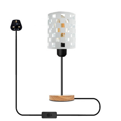 Modern Bedside Table Lamp With Wooden Stand, Metal Cage , On Off Switch , White
