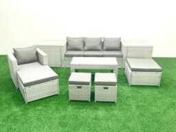 Fimous Rattan Garden Furniture Set Outdoor Lounger Sofa Coffee Table 4 Stools 2 Side Tables Light Grey - thumbnail 2