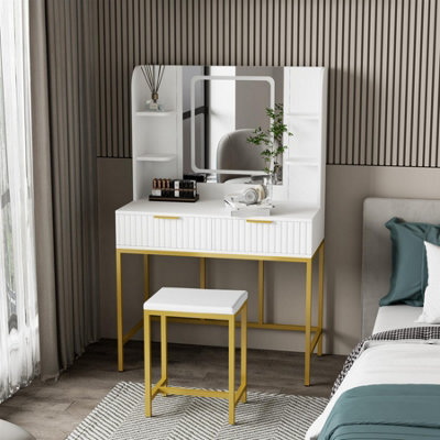 Kosy Koala Dressing Table Set With Led Mirror, Side Shelves And Stool - White And Gold For Bedroom - image 1