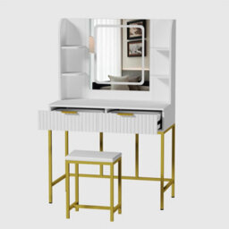 Kosy Koala Dressing Table Set With Led Mirror, Side Shelves And Stool - White And Gold For Bedroom - thumbnail 5