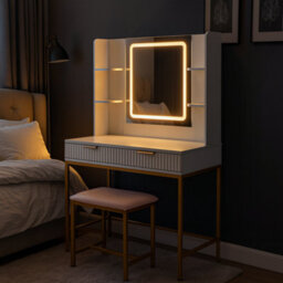Kosy Koala Dressing Table Set With Led Mirror, Side Shelves And Stool - White And Gold For Bedroom - thumbnail 2