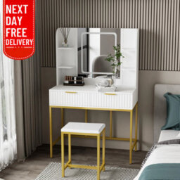 Kosy Koala Dressing Table Set With Led Mirror, Side Shelves And Stool - White And Gold For Bedroom - thumbnail 8