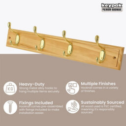 Keypak 4 Hook Wall-Mounted Coat Rack, 45Cm - Pine Wood Effect Board, Polished Brass Coat Hooks - Fixings Included - thumbnail 2