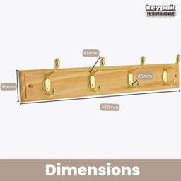 Keypak 4 Hook Wall-Mounted Coat Rack, 45Cm - Pine Wood Effect Board, Polished Brass Coat Hooks - Fixings Included - thumbnail 3