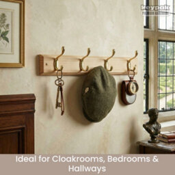 Keypak 4 Hook Wall-Mounted Coat Rack, 45Cm - Pine Wood Effect Board, Polished Brass Coat Hooks - Fixings Included - thumbnail 5