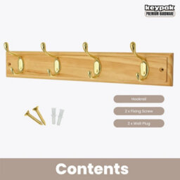 Keypak 4 Hook Wall-Mounted Coat Rack, 45Cm - Pine Wood Effect Board, Polished Brass Coat Hooks - Fixings Included - thumbnail 4