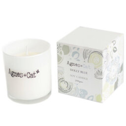 Serenityy Agnes + Cat Votive Candle Dolly Blue 200G - White Glass Votive With Embossed Silver Lid.