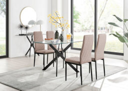 Furniturebox Leonardo 4 Seater Rectangular Glass Dining Table With Black Metal Legs & 4 Beige Milan Faux Leather Black Leg Chairs